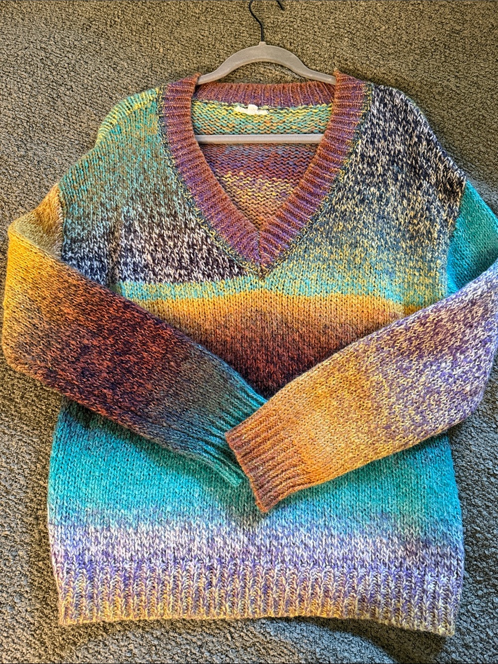 Mystree Gradient V-Neck Sweater in Teal, Gold, Purple, Brown